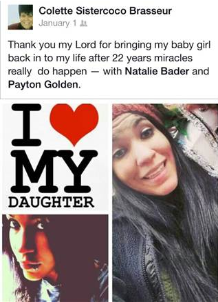 Natalie Bader is a 24 year old girl who found her birth mother Colette Brasseur on Facebook within 15 minutes. www.blacklikemoi.com